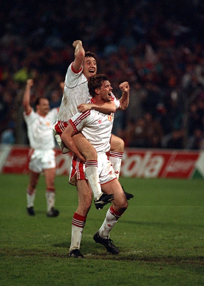 Football, UEFA Cup Winners Cup Final, Rotterdam, Holland, 15th May 1991, Manchester United 2 v Barcelona 1, Manchester United goalscorer Steve Bruce (left) celebrates with team-mate Gary Pallister (Photo by Bob Thomas/Getty Images)